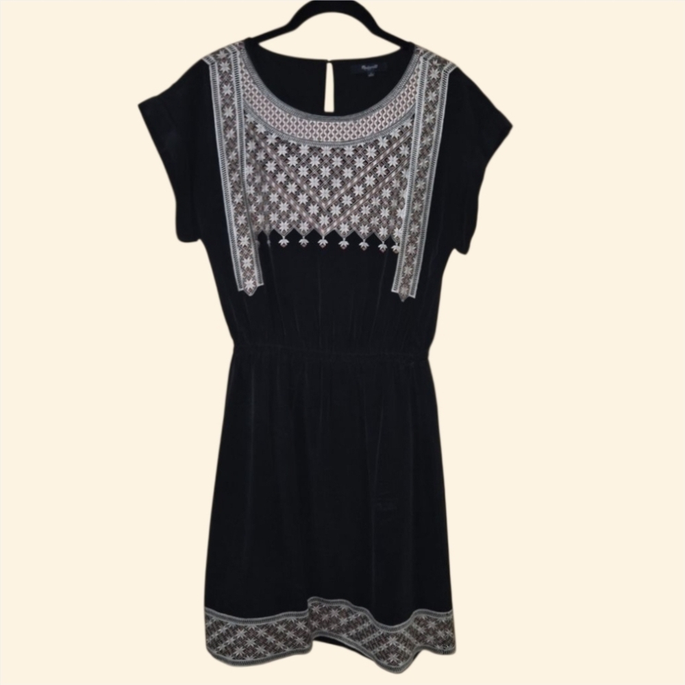 Madewell Black Silk Short Sleeve Floral Cinched Waist Layered Mini Dress - Picture 2 of 6